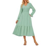 Womens Elegant V Neck Long Sleeve Dress Romantic Ruffle Country Style Maxi Dress with Pockets Light Green M