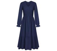 Womens Elegant V Neck Long Sleeve Dress Romantic Ruffle Country Style Maxi Dress with Pockets Navy Blue M
