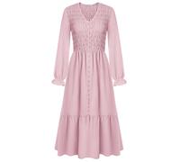Womens Elegant V Neck Long Sleeve Dress Romantic Ruffle Country Style Maxi Dress with Pockets Pink M