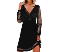Women's Elegant V-Neck Long Sleeve Sequin Evening Gown - Sparkling Party Dress for Wedding Guest, Christmas Party,Prom,Ball, Formal Occasions and Special Events UK, A-Line Gown with Gothic Elegance