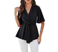 Women's Elegant V Neck Peplum Tops Tie Front Short Bell Sleeve Casual Shirts Half Sleeve Slim Business Work Shirt (Black,M)