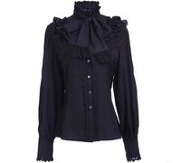 Women's Elegant Victorian Blouse Gothic Lolita Style Long Sleeve Turtleneck Shirt Vintage Lotus Ruffle Top Stage Costume White Black S-2XL(M Black)