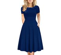 Women's Elegant Vintage Cotton Casual Floral Print Work Party A-Line Swing Dress with Pockets 162, Royal Blue-978, L