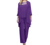 Womens Elegant Wedding Guest Pants Suit 2 Piece Set Formal Chiffon Lace Solid Color Loose Leisure Comfy Irregular Evening Party Outfit Mother of The Bride Pants Suit for Prom Evening Two Piece