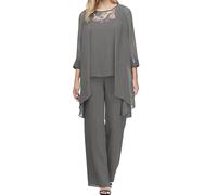 Womens Elegant Wedding Guest Pants Suit 2 Piece Set Loose Leisure Formal Chiffon Lace Solid Color Comfy Irregular Evening Party Outfit Mother of The Bride Pants Suit for Prom Evening 2 Piece Outfits