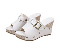 Women's Elegant Wedge Sandals Open Toe Slip on Platform Slides Textured Upper with Buckle Strap Summer Shoes for Daily Walk White 6.0