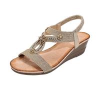 Women's Elegant Wedge Sandals, Rhinestone Glitter Summer Sandals with Wedge Heel, Bohemian Platform Sandals, Vintage Evening Shoes, Comfortable Leisure Sandals, Elastic Band, Party Sandals, Rose Gold