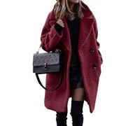 Women's Elegant Wool Trench Coat Long Sleeve Casual Coat Lapel Collar Pea Coat Warm Autumn Winter Coat Long Casual Jacket with Pockets, Burgundy red, S