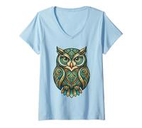 Women's Elemental Folk Art Owl Symmetrical Mandala Bird Graphic V-Neck T-Shirt