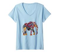 Womens Elephant Colorful Mandala Pattern African Animal Artistic V-Neck T-Shirt