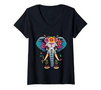 Womens Elephant Dia De Los Muertos Day Dead Elefante Skull V-Neck T-Shirt
