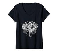 Womens Elephant floral Mandala Cute Silhouette V-Neck T-Shirt