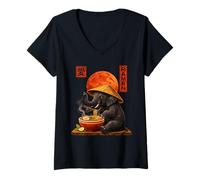 Women's Elephant Ramen Japanese Art Funny Anime Graphic Tee Kawaii V-Neck T-Shirt