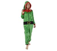 Womens Elf Christmas Pyjama Suit All in One Green Red Fleece Hood Nightwear - L