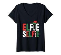 Womens Elfie Selfie Funny Christmas Pun Holiday V-Neck T-Shirt