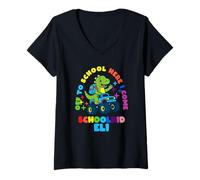 Womens Eli Schoolchild Personalized Back to School Dino Truck V-Neck T-Shirt