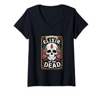 Womens Elixir of The Dead Skull with Roses V-Neck T-Shirt