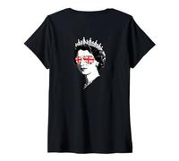 Womens Elizabeth II Sunglasses British Union Jack Fun Meme ON BACK V-Neck T-Shirt