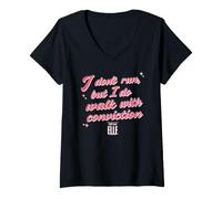 Women's Elle I Don't Run But I Do Walk with Conviction Cursive Text V-Neck T-Shirt