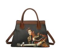 Womens Elvis Presley PU Leather Dual Top Handle Large Capacity Tote Shoulder Handbag with Crossbody Strap -E5-BN
