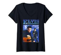Women's Elvisly Yours Elvis Presley Retro Blue Montage V-Neck T-Shirt