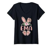 Women's EMA Cute Leopard Bunny Ears Floral Easter V-Neck T-Shirt