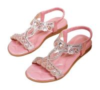 Women's Embellished Flat Sandals with Elastic Strap for Summer Holidays & Dressy Occasions - Comfortable Open Toe Diamante Slip-On Footwear Pink