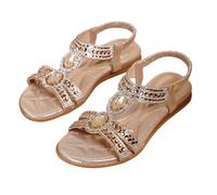 Women's Embellished Flat Sandals with Elastic Strap for Summer Holidays & Dressy Occasions - Comfortable Open Toe Diamante Slip-On Footwear Gold