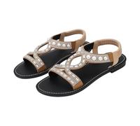 Women's Embellished Flat Sandals with Faux Pearls & Diamante Straps, Comfortable Summer Holiday Beach Shoes, Elastic Ankle Strap Design Khaki