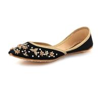 Womens Embellished Punjabi Khussa Flats Handmade Ethnic Mojari Slip-On Beaded Floral Design Elegant Bridal Festive Wedding Party Ladies Black Velvet Shoes Size 8 UK 41 EU