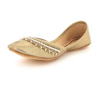 Womens Embellished Punjabi Khussa Handmade Ethnic Mojari Flats Beaded Traditional Slip-On Jutti Bridal Festive Party Ladies Gold Shoes Size 5 UK 38 EU