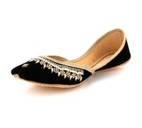 Womens Embellished Punjabi Khussa Handmade Ethnic Mojari Flats Beaded Traditional Slip-On Jutti Bridal Festive Party Ladies Black Velvet Shoes Size 4 UK 37 EU