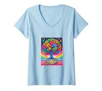 Women's Embrace Diversity Autism Awareness Tree Puzzle Rainbow V-Neck T-Shirt