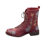 Womens Embroidered Ankle Boots Lace up Vintage Floral Chunky Combat Boots | Retro Ethnic Floral Print Fall Western Booties with Side Zipper Casual Classic Boho Low Heel PU Leather Fall Riding Boots