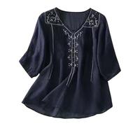 Womens Embroidered Bohemian Style Lace Tops Shirt Boho Peasant Retro Floral Blouses Summer Indian Ruffle Tunic for Older Women Loose Fit V Neck Linen Gauze Western Women's Flowy Navy