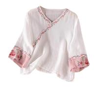Womens Embroidered Boho Peasant Linen Shirt Blouses Bohemian Style Short Sleeve Floral Tunic 2025 Indian Ruffle Tops for Older Women Club Vintage Loose Fit Lace Casual Women's Gauze White