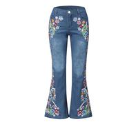 Women's Embroidered Flare Leg Jeans | Bell Bottom Denim Trousers | Vintage Style Bootcut Jeans | Retro Inspired Flared Pants | Decorative Stitch Detail (Blue, XL)