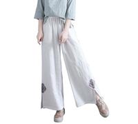 Women's Embroidered Floral Wide Leg Trousers Loose Casual Nine Point Boho Pants for Everyday Comfort (White, M)