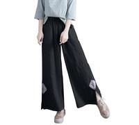 Women's Embroidered Floral Wide Leg Trousers Loose Casual Nine Point Boho Pants for Everyday Comfort (Black, M)