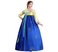Women's Embroidered Hanbok Dress Korean Traditional Costume Short Jacket Full Skirt Cosplay Performance Wear (68# Yellow+Royal Blue, M)