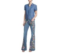 Women's Embroidered Jeans Plus Size Wide Leg Bell Bottom Denim Pants for Women UK Button Waist Butt Lifting Bootcut Ladies Vintage Washed Flare Jeans Casual Flared Wide Leg Denim Pants XS-4XL