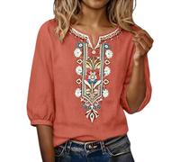 Womens Embroidered Linen Tops V Neck Short SleeveTunic Cotton Shirt | Boho Summer Capsule Wardrobe Bubblehem Batwing Peplum Lightweight Freehippie Spirit Floaty Blouses