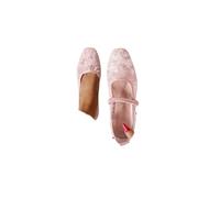 Women's Embroidered Mesh Ballet Flats Buckle Strap Square Toe Slip On, Floral Lace Wide Width Ballerina Shoes, Casual Chic Boho Comfortable Lightweight Breathable Summer Mary Janes Pink