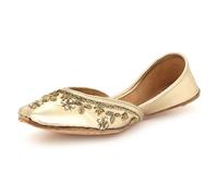 Womens Embroidered Punjabi Jutti Flats Handmade Ethnic Khussa Mojari Comfortable Design Slip-On Bridal Wedding Festive Party Traditional Ladies Gold Shoes Size 5 UK 38 EU