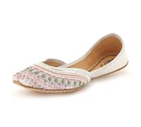 Womens Embroidered Punjabi Khussa Flat- Handmade Ethnic Mojari Slip-On with Delicate Threadwork Traditional Wedding Bridal Festive Party Ladies White Shoes Size 5 UK 38 EU