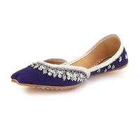 Womens Embroidered Punjabi Khussa Flats Handmade Ethnic Mojari Slip-On Floral Detailing Traditional Wedding Bridal Party Festive Ladies Purplish Blue Shoes Size 5 UK 38 EU