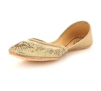 Womens Embroidered Punjabi Khussa Flats Handmade Ethnic Mojari Slip-On Traditional Thread Detailing Wedding Festive Party Ladies Gold Shoes Size 7 UK 40 EU