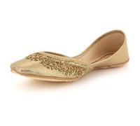 Womens Embroidered Punjabi Khussa Handmade Ethnic Mojari Flats Elegant Threadwork Traditional Bridal Wedding Festive Party Ladies Gold Shoes Size 8 UK 41 EU
