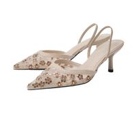 Women's Embroidered Stiletto Heels, Pointed Toe Mesh Beads Sandals, Bridal Party Wedding Pumps,Apricot,4 UK