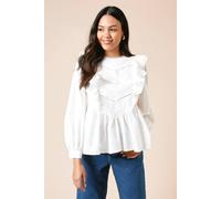 Womens Embroidered Trim Blouson Sleeve Top White 18